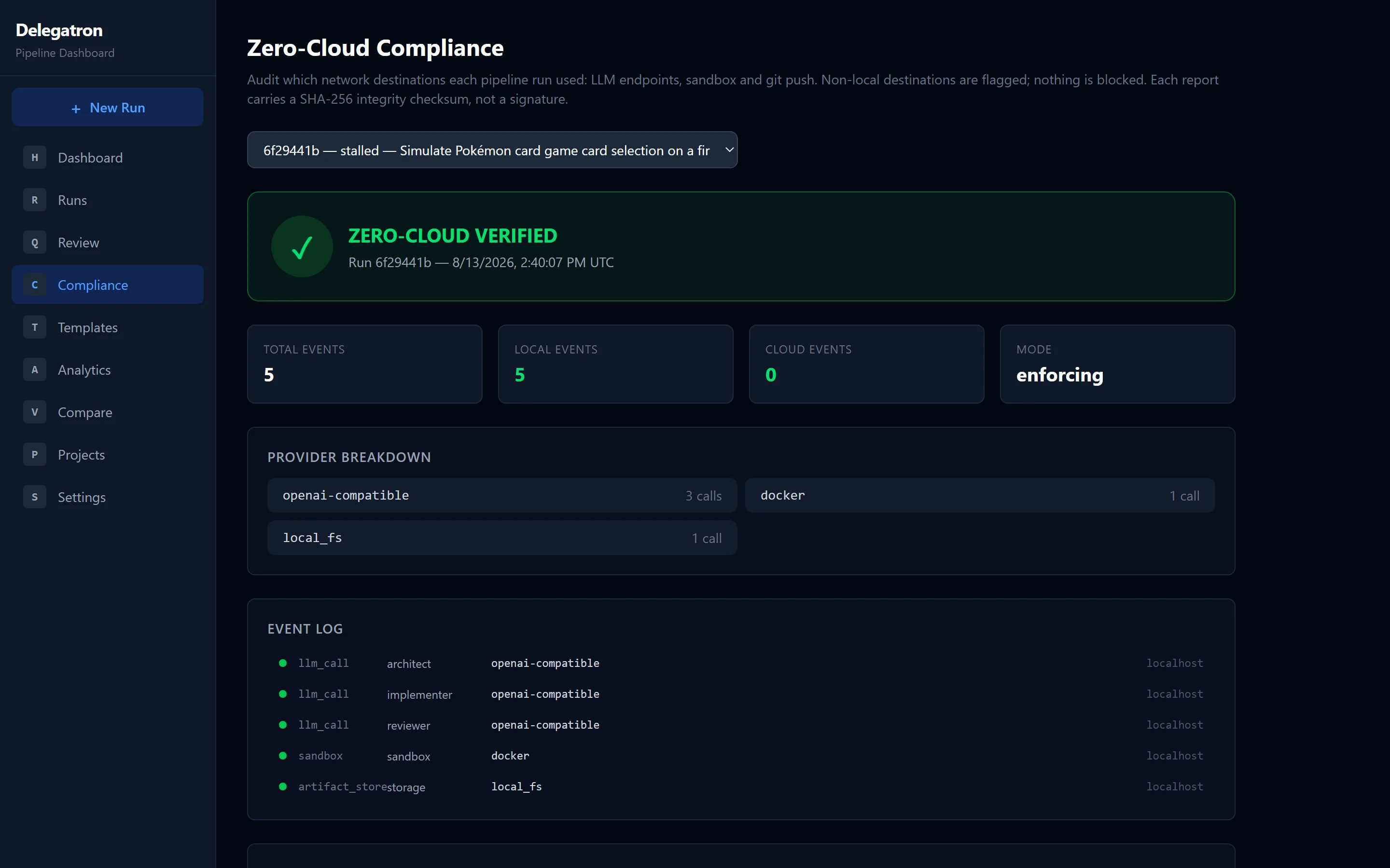 Zero-cloud report listing every network destination a run used.