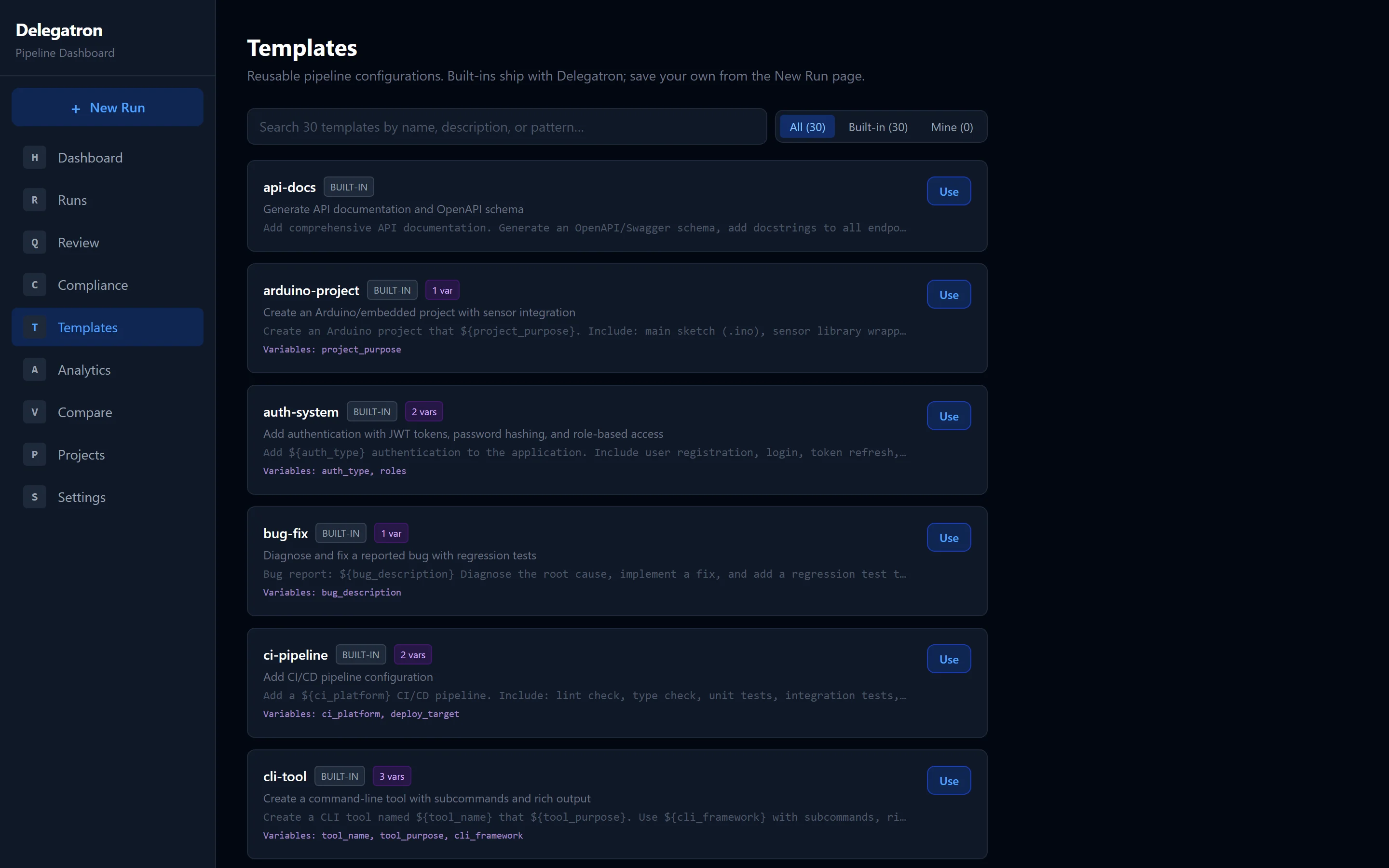 Template library with categories and variables.